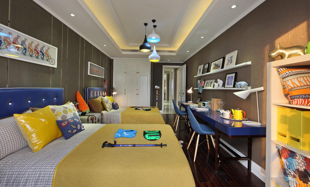 Inspiration for a contemporary kids' bedroom for boys in Other with brown walls and dark hardwood flooring.