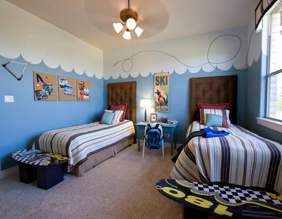 Modelo de dormitorio infantil contemporáneo con paredes azules