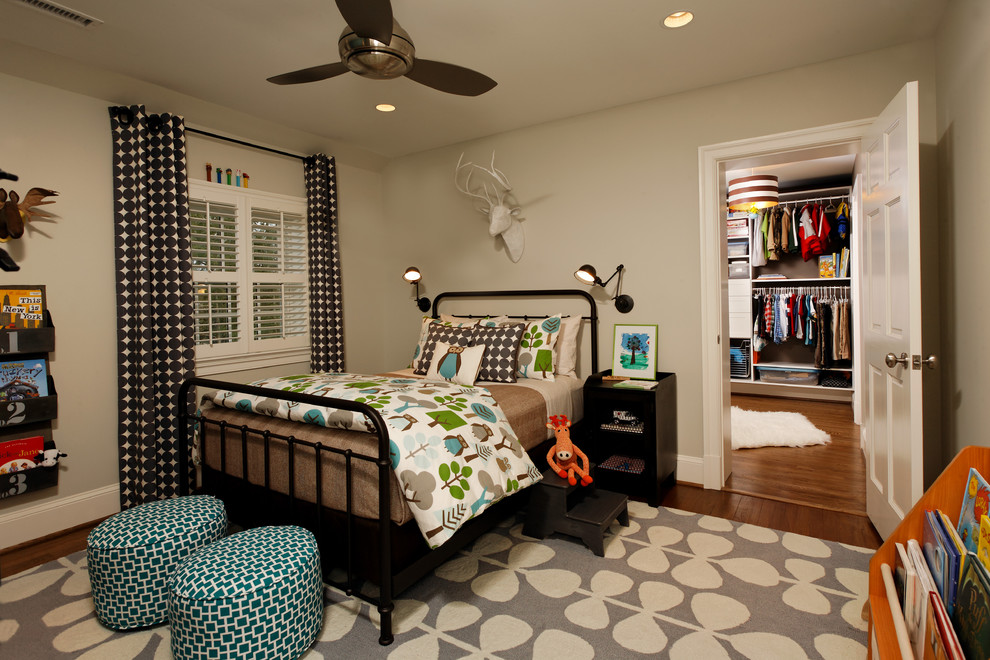 Contemporary children’s room for boys in DC Metro with grey walls.