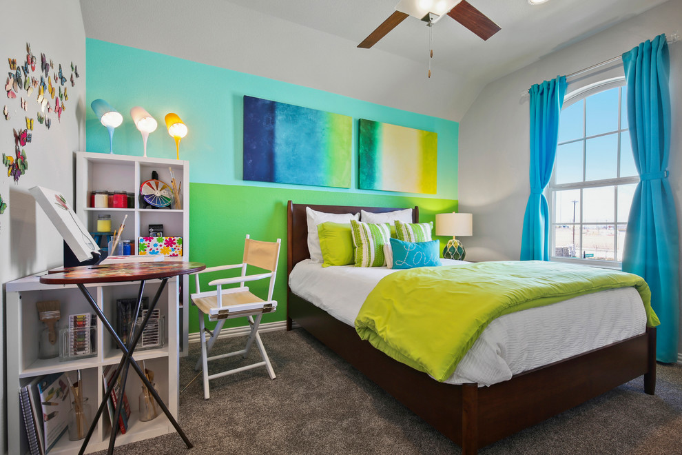 Kids' bedroom - large contemporary gender-neutral carpeted and gray floor kids' bedroom idea in Dallas with green walls