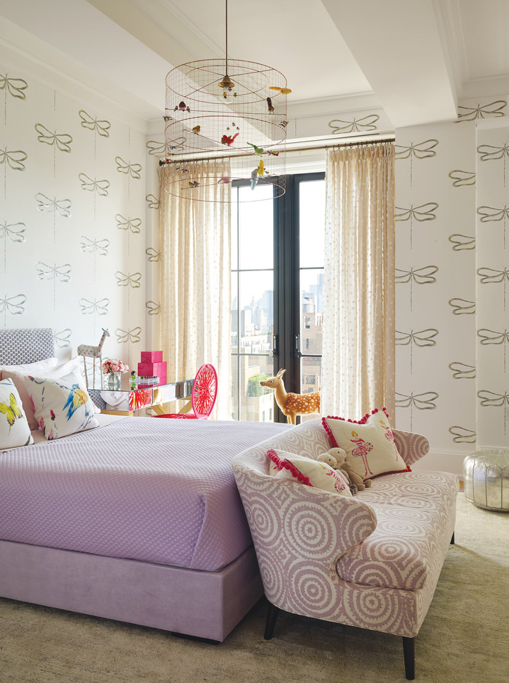 Traditional kids' bedroom for girls in New York with white walls and carpet.