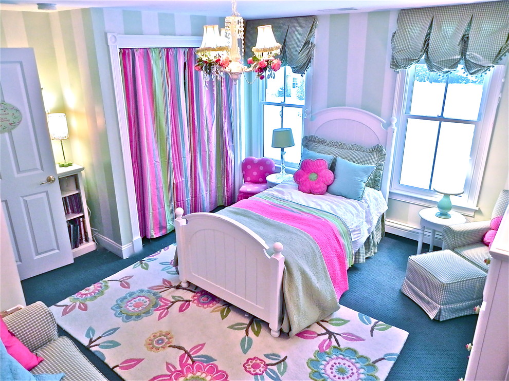 Kids' room - contemporary girl carpeted kids' room idea in Boston with multicolored walls