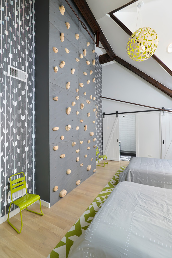 Inspiration for a contemporary gender-neutral light wood floor kids' bedroom remodel in Chicago with gray walls