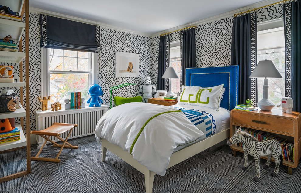 Пример оригинального дизайна: детская в современном стиле с спальным местом, разноцветными стенами, ковровым покрытием и серым полом для мальчика