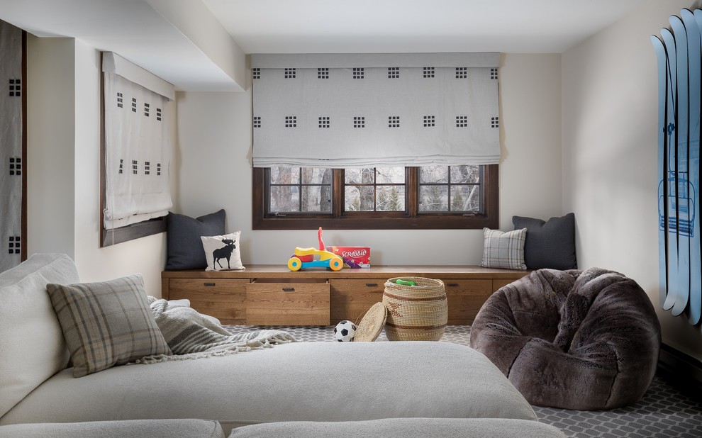 Trendy carpeted and gray floor kids' room photo in Other with gray walls