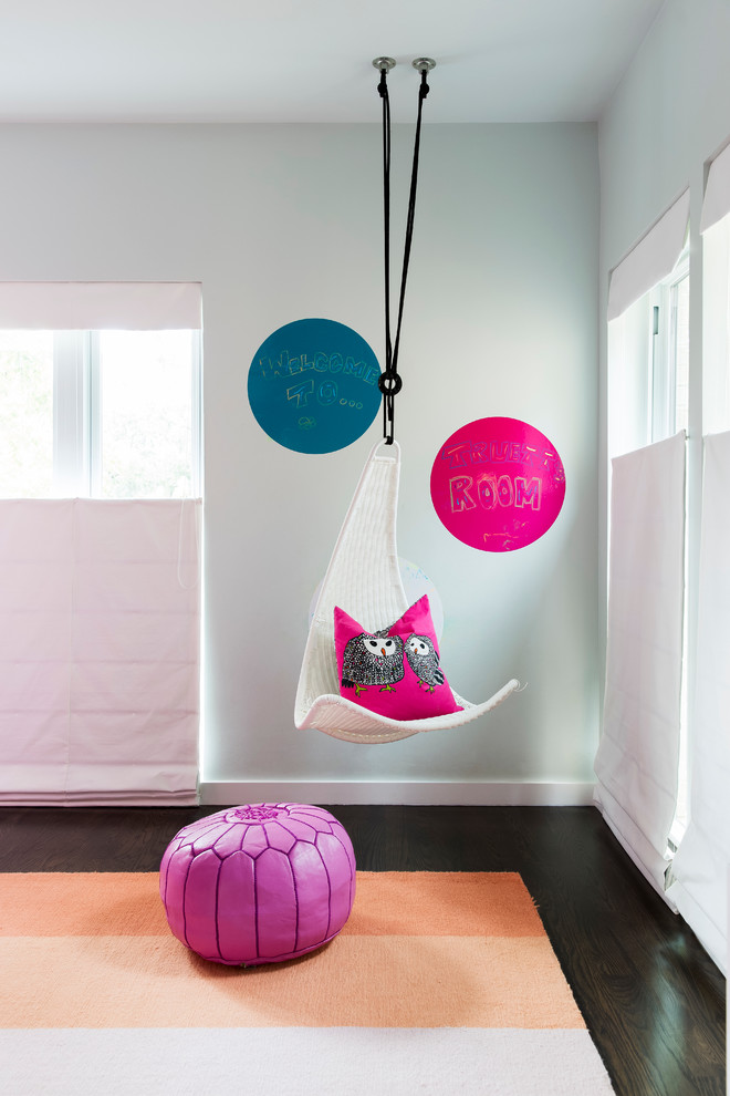 Inspiration for a medium sized contemporary teen’s room for girls in Dallas with grey walls and dark hardwood flooring.