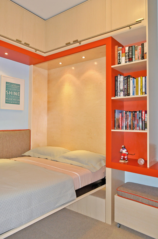 Contemporary gender neutral teen’s room in New York with carpet and multi-coloured walls.