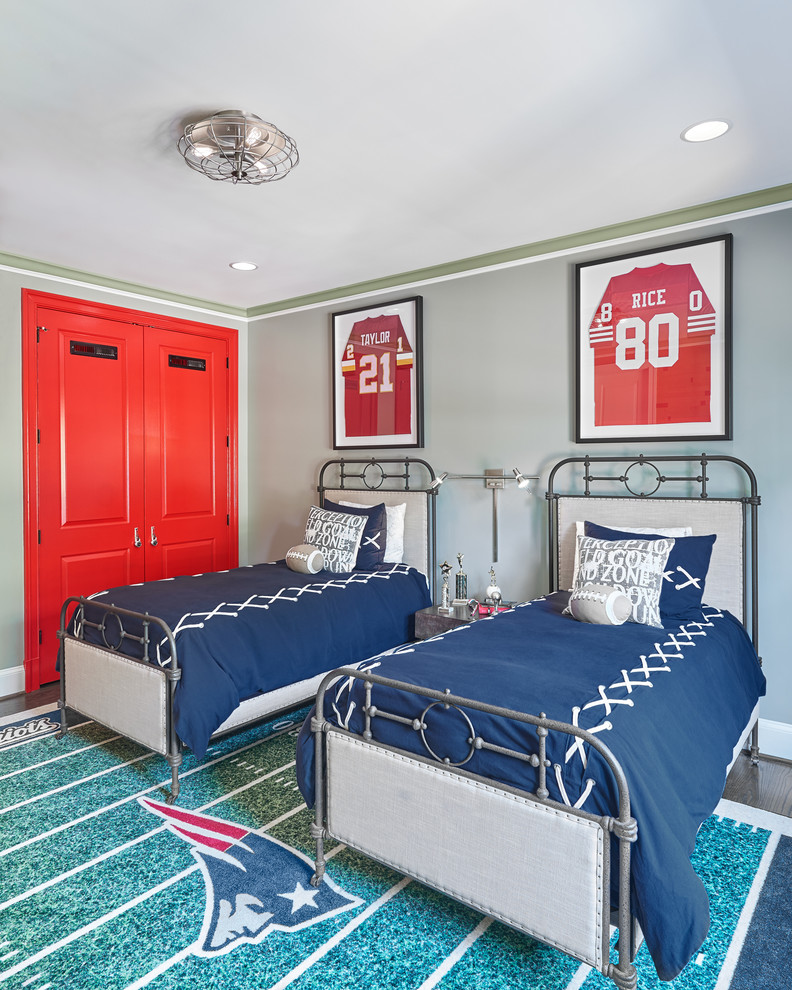 Design ideas for a medium sized classic teen’s room for boys in DC Metro with grey walls, medium hardwood flooring and brown floors.