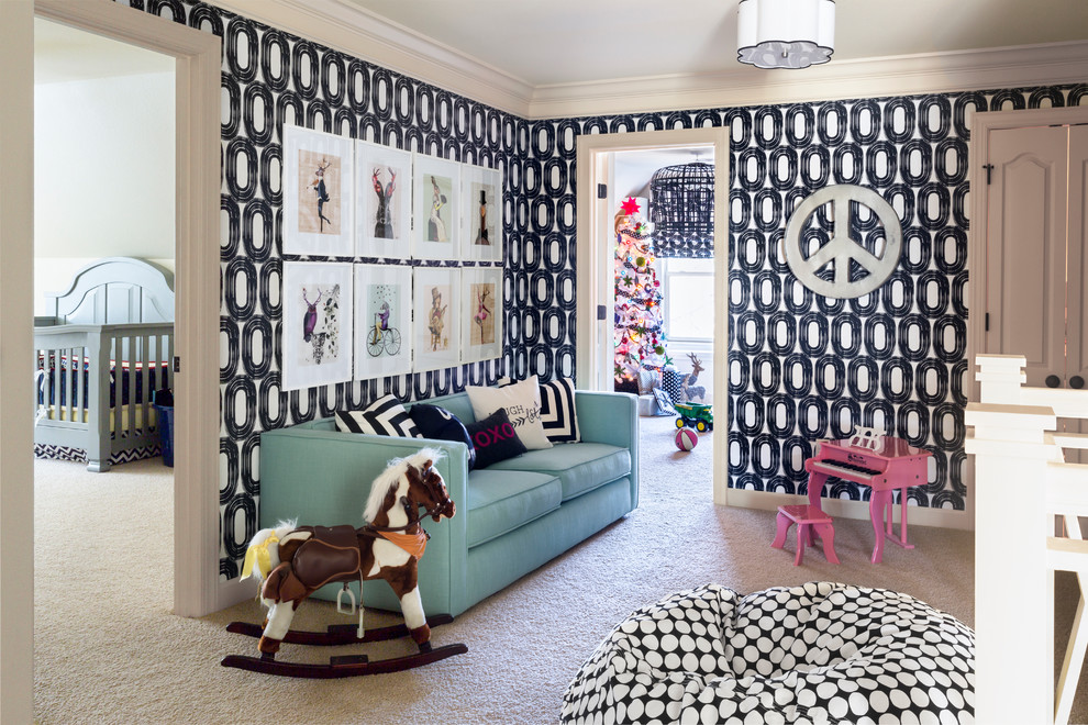 Kids' room - mid-sized transitional gender-neutral carpeted kids' room idea in Little Rock with multicolored walls