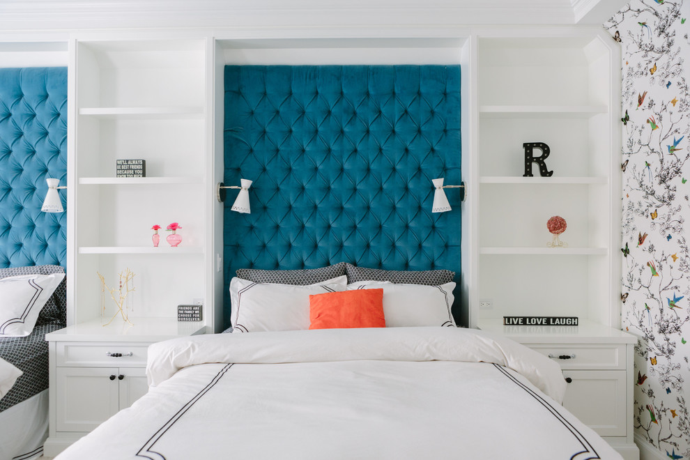 Large transitional girl kids' room photo in Chicago with multicolored walls