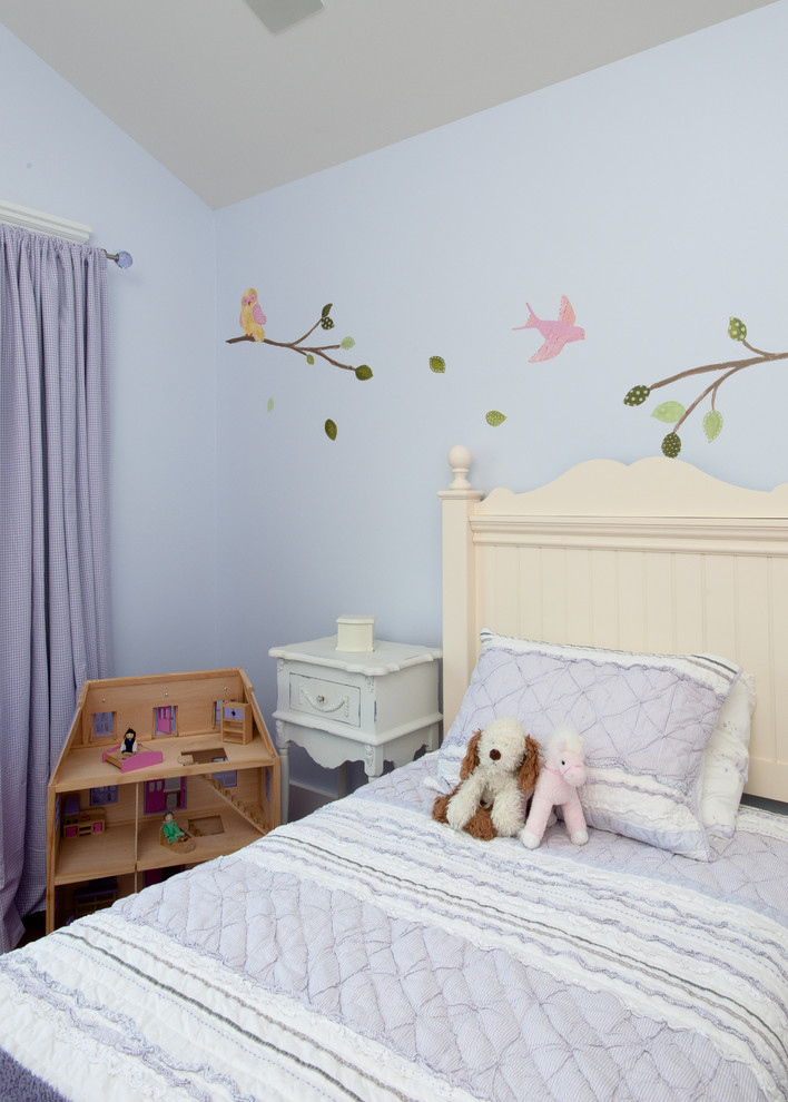 Ejemplo de dormitorio infantil de 4 a 10 años de estilo americano de tamaño medio con suelo de madera en tonos medios y paredes azules
