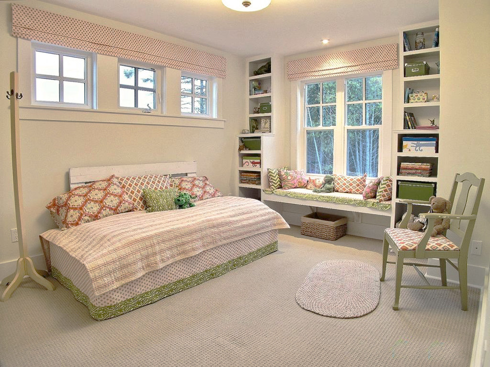Inspiration for a medium sized traditional kids' bedroom for girls in Ottawa with white walls and carpet.