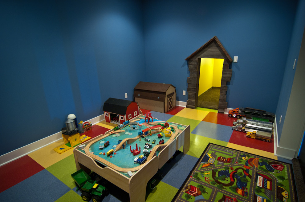 Идея дизайна: детская с игровой в стиле кантри с синими стенами, полом из винила и разноцветным полом для ребенка от 4 до 10 лет, мальчика