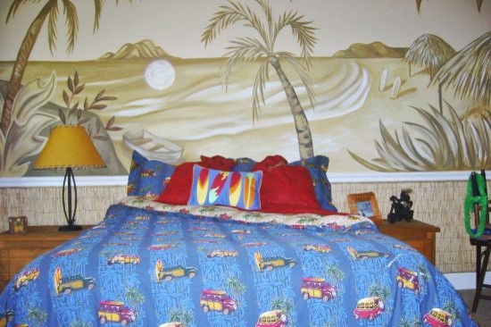 ダラスにある低価格の中くらいなビーチスタイルのおしゃれな子供部屋 (カーペット敷き、ティーン向け、マルチカラーの壁) の写真