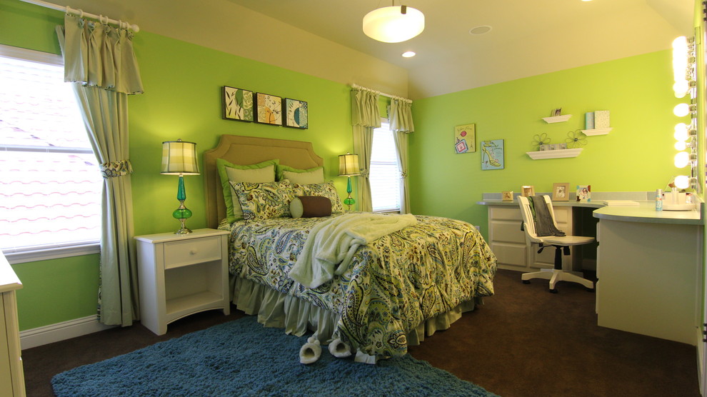Kids' room - large eclectic girl carpeted kids' room idea in Dallas with green walls