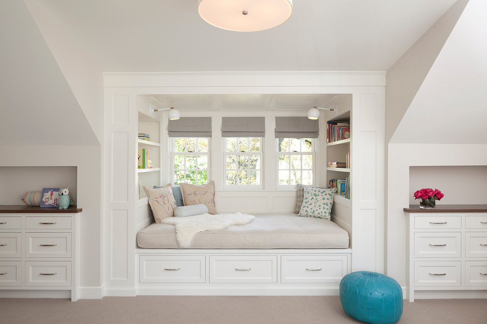 Example of a transitional carpeted kids' room design in Minneapolis with gray walls