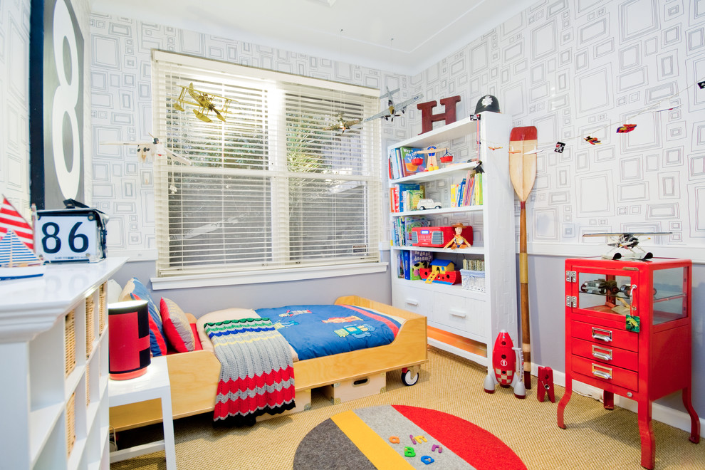 Kids' room - mid-sized contemporary gender-neutral carpeted kids' room idea in Los Angeles with gray walls