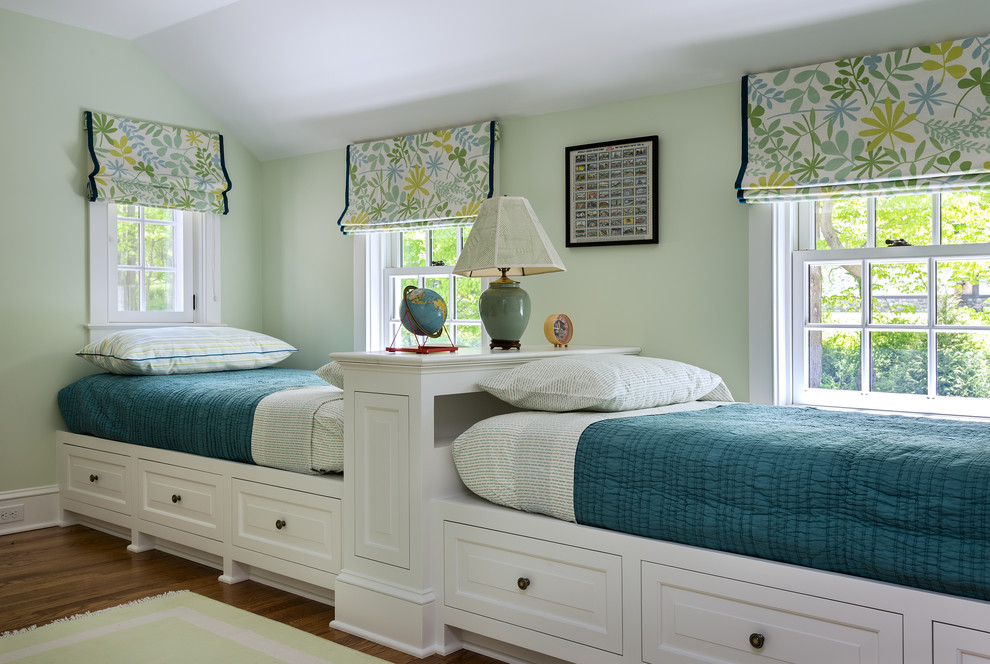 Example of a mid-sized classic gender-neutral medium tone wood floor kids' room design in New York with green walls