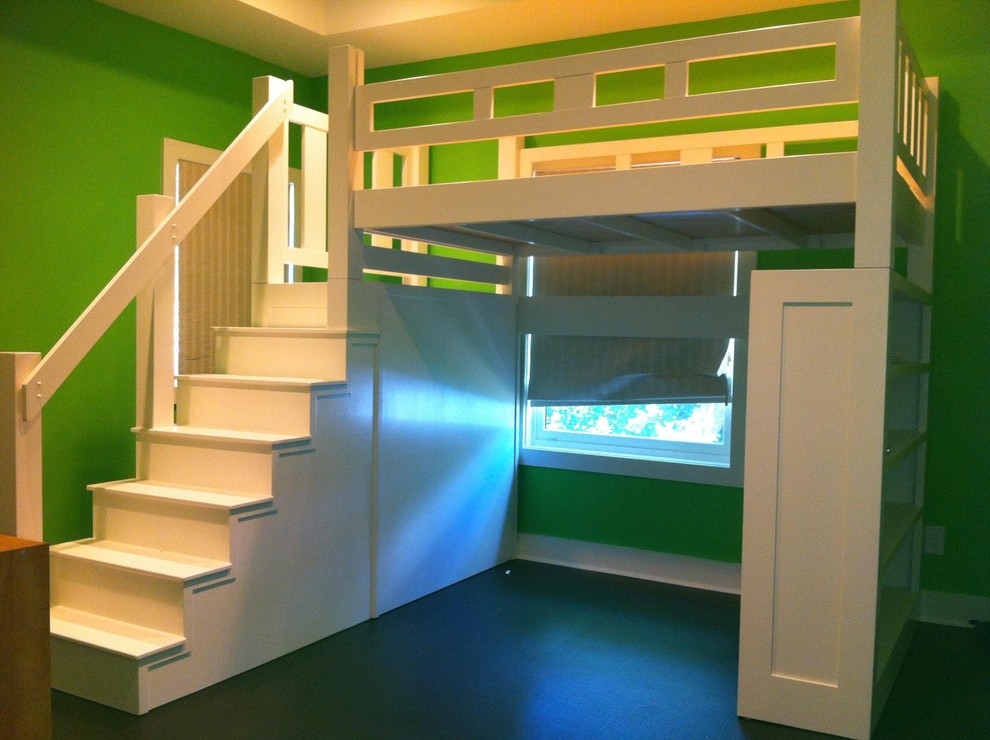 Стильный дизайн: нейтральная детская среднего размера в классическом стиле с спальным местом, зелеными стенами и бетонным полом для ребенка от 4 до 10 лет - последний тренд