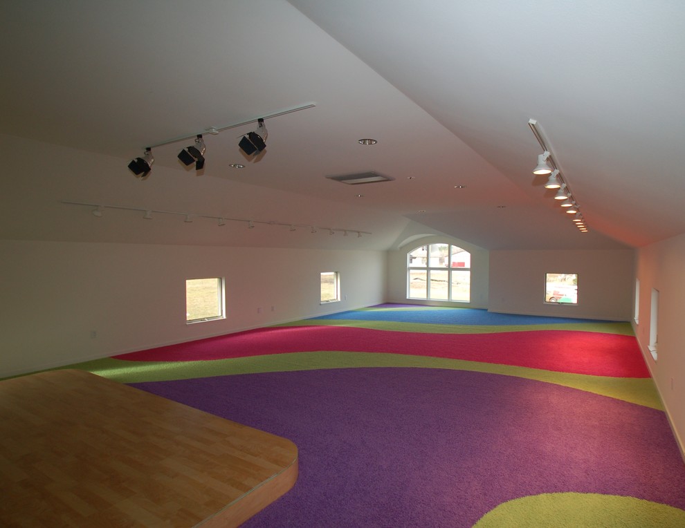 Cette image montre une très grande chambre d'enfant design avec moquette.