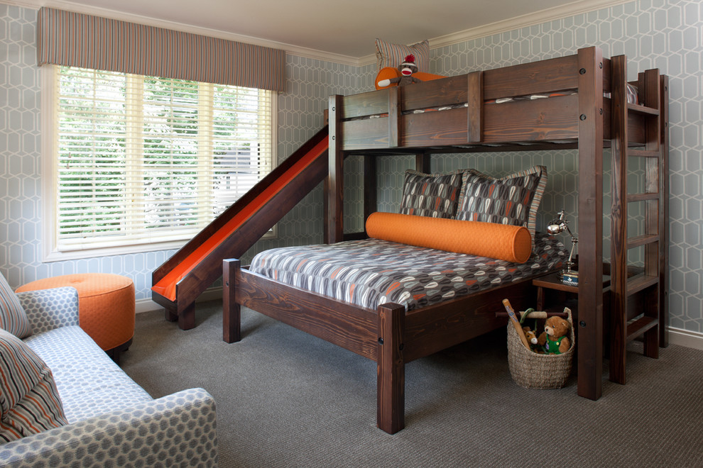 Kids' bedroom - transitional carpeted and gray floor kids' bedroom idea in Detroit with gray walls