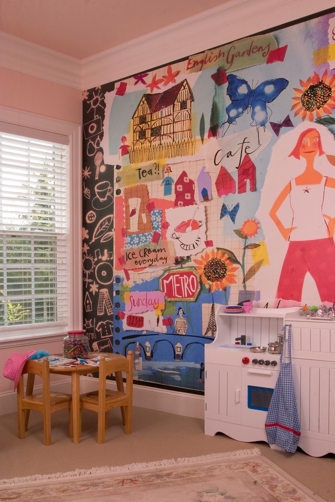 Inspiration for a bohemian kids' bedroom for girls in Seattle with carpet.