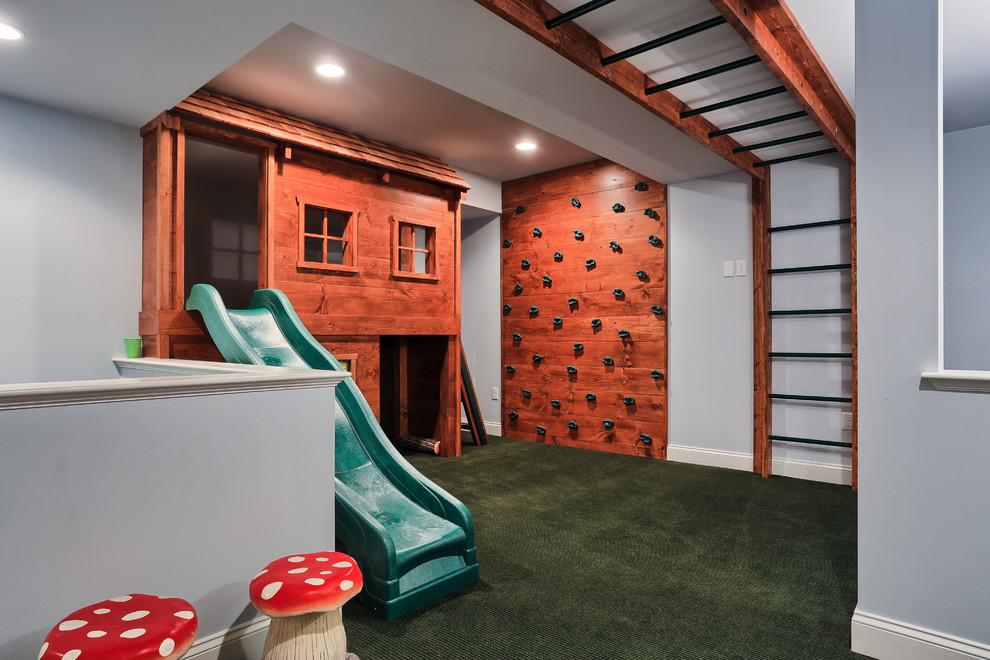 Idées déco pour une chambre d'enfant classique de taille moyenne avec un mur gris et moquette.