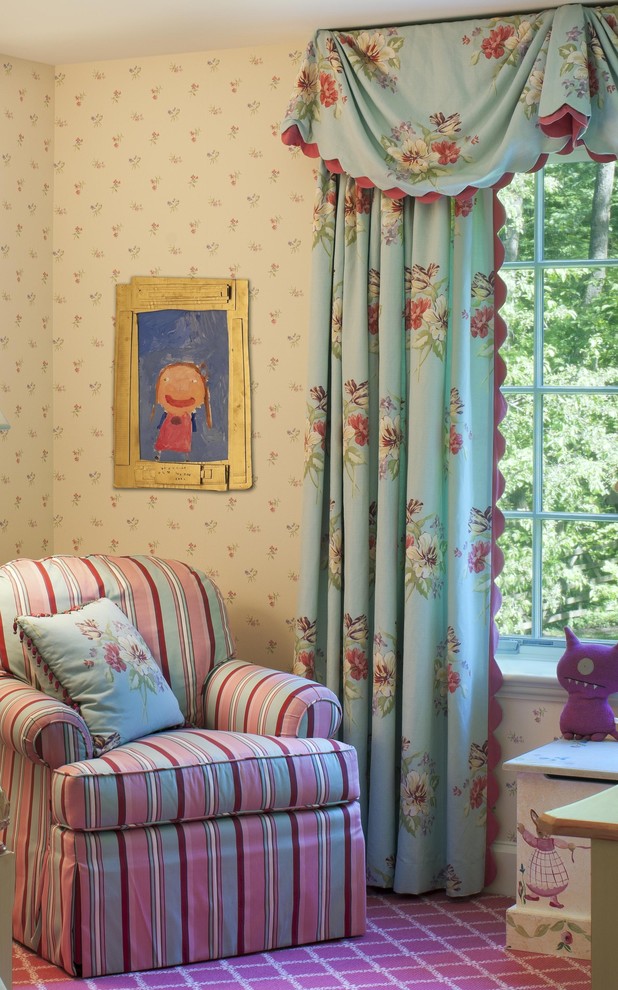 Photo of a medium sized traditional children’s room for girls in Philadelphia with multi-coloured walls and carpet.