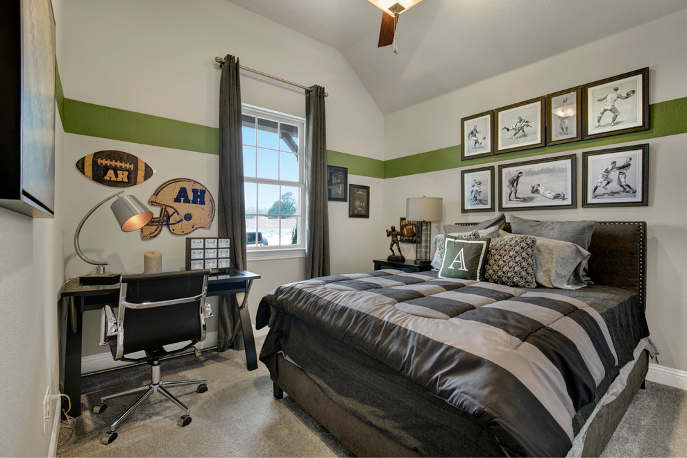 Inspiration for a large classic teen’s room for boys in Dallas with beige walls, carpet and beige floors.