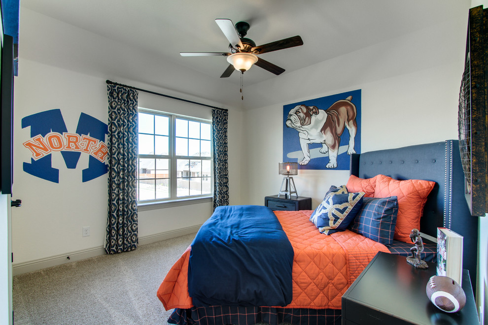 Example of a mid-sized boy carpeted kids' bedroom design in Dallas with white walls