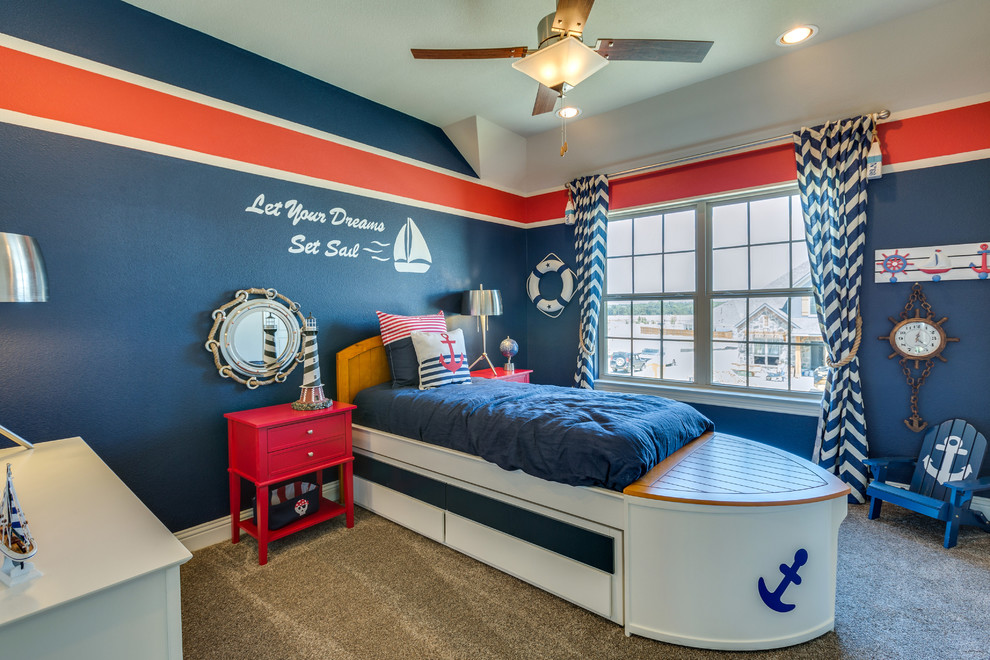 This is an example of a medium sized contemporary gender neutral kids' bedroom in Dallas with multi-coloured walls and carpet.