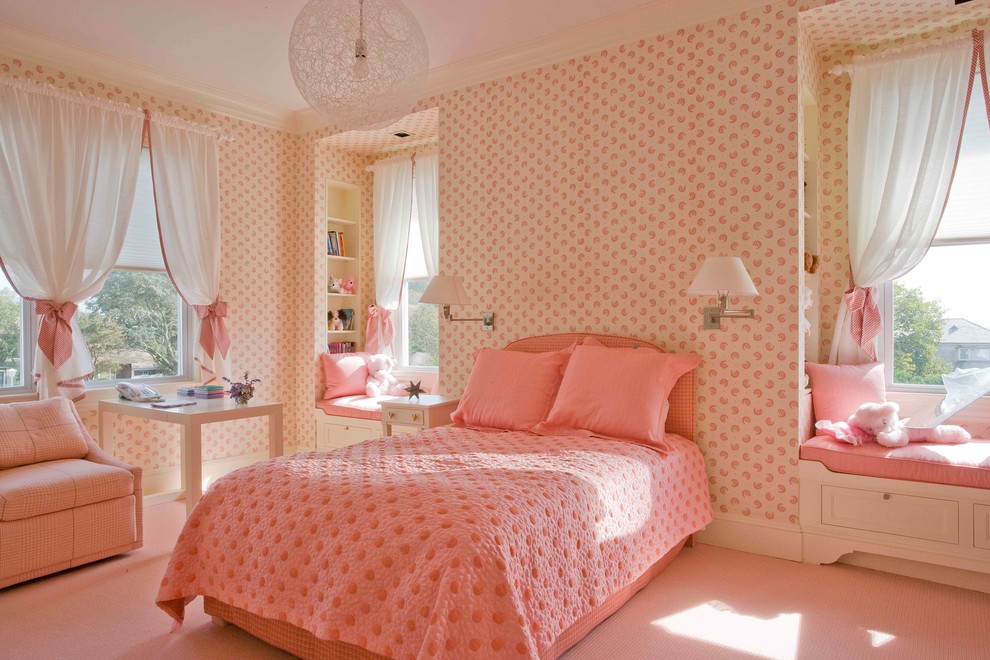 Inspiration för ett vintage flickrum kombinerat med sovrum, med heltäckningsmatta