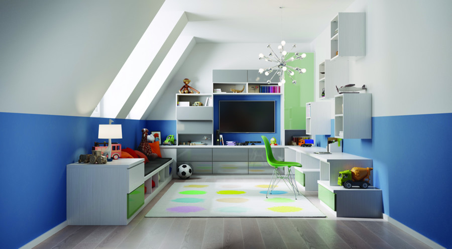 Modelo de habitación infantil unisex contemporánea de tamaño medio con escritorio