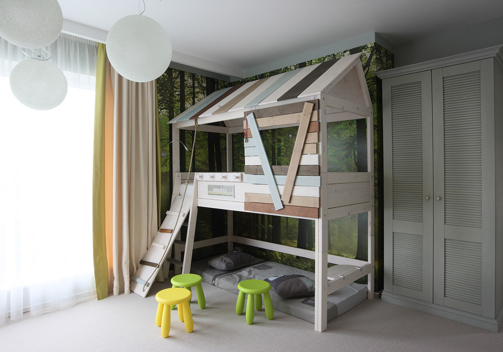 Idées déco pour une chambre d'enfant contemporaine avec moquette et un lit superposé.