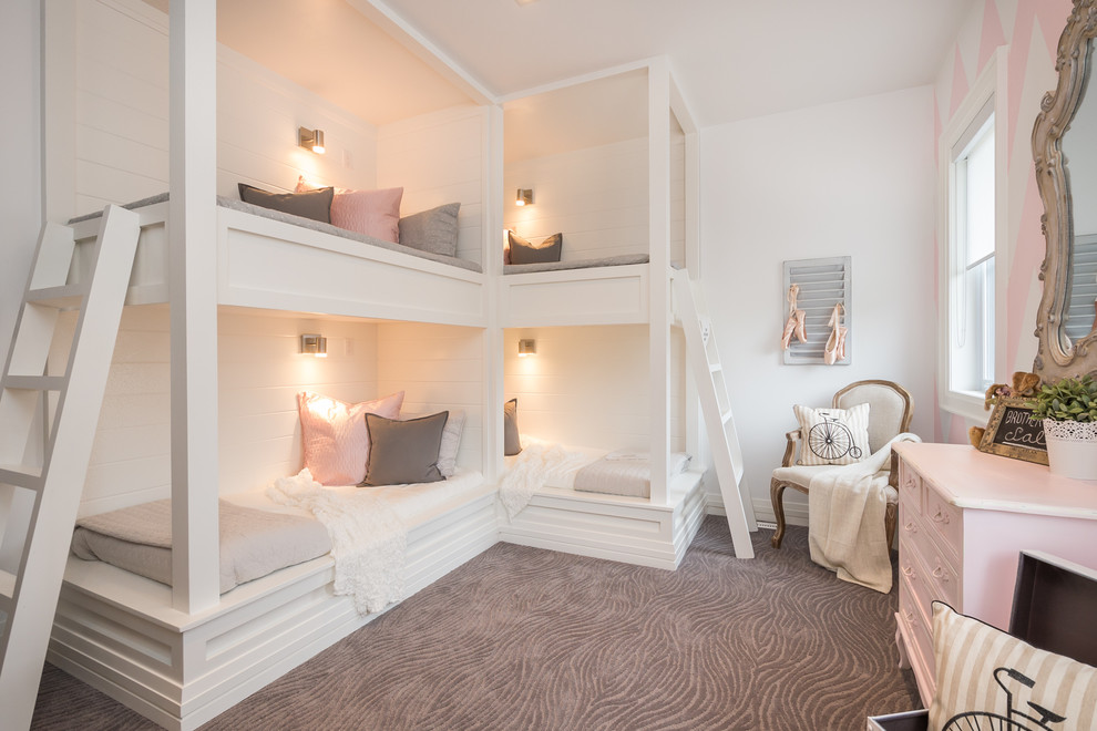 Diseño de dormitorio infantil de 4 a 10 años contemporáneo grande con paredes blancas, moqueta y suelo gris