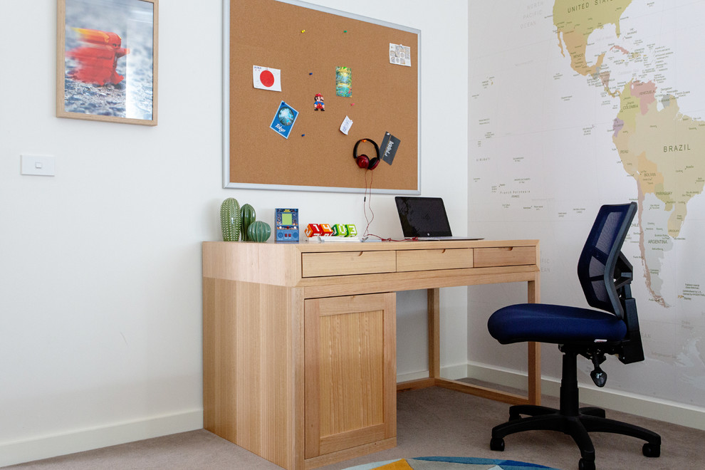 Mid-sized trendy carpeted and beige floor kids' room photo in Melbourne with white walls