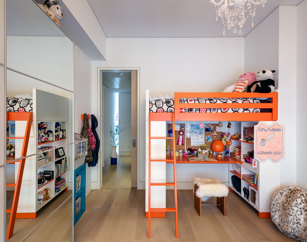 This is an example of a contemporary kids' bedroom in New York with white walls.