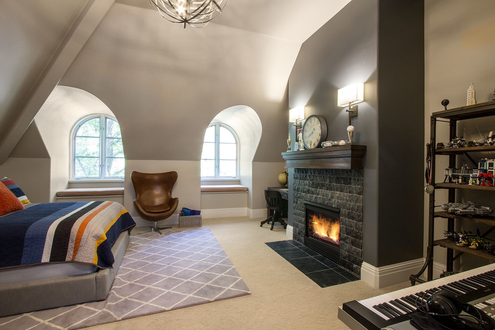 Large classic teen’s room for boys in Salt Lake City with grey walls, carpet, brown floors and a chimney breast.