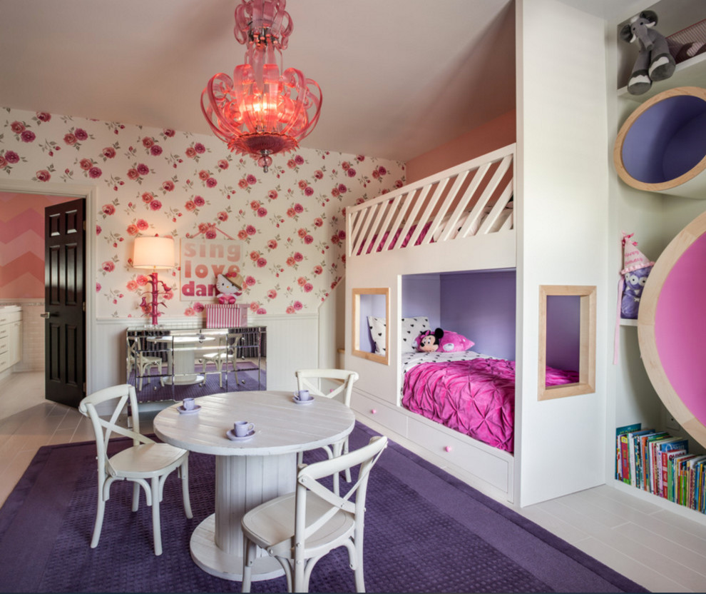 Kids' room - large traditional girl porcelain tile kids' room idea in Las Vegas with multicolored walls