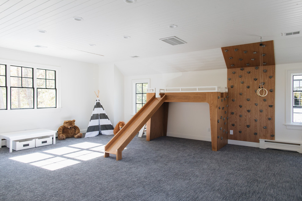 Großes, Neutrales Klassisches Kinderzimmer mit Spielecke, weißer Wandfarbe, Teppichboden und grauem Boden in Grand Rapids