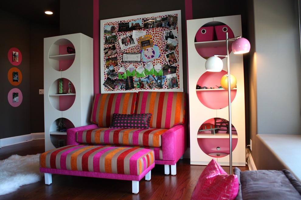 Inspiration for an eclectic girl dark wood floor kids' room remodel in Orange County with multicolored walls