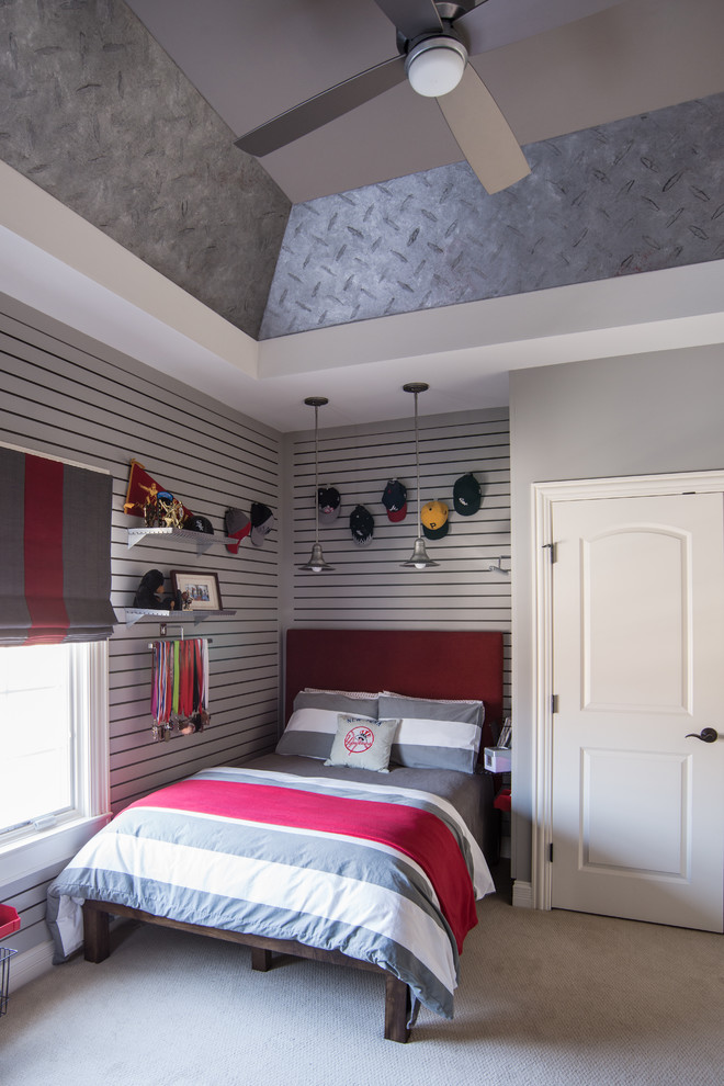 Design ideas for a medium sized eclectic teen’s room for boys in Chicago with grey walls and carpet.