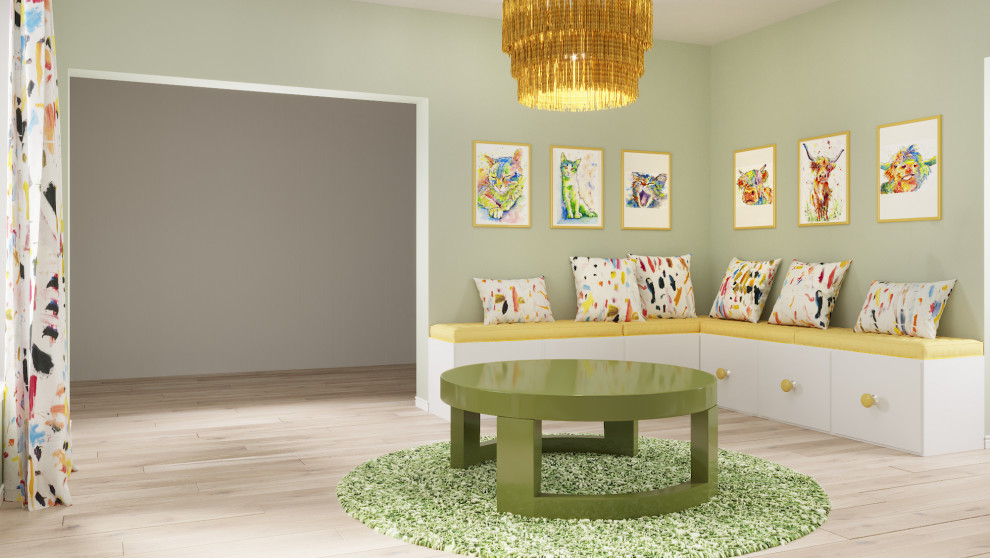Mittelgroßes, Neutrales Modernes Kinderzimmer mit Spielecke, grüner Wandfarbe, hellem Holzboden und braunem Boden in Los Angeles