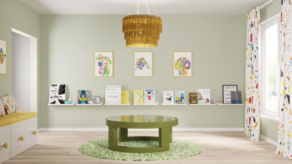 Aménagement d'une chambre d'enfant de 4 à 10 ans contemporaine de taille moyenne avec un mur vert, parquet clair et un sol marron.