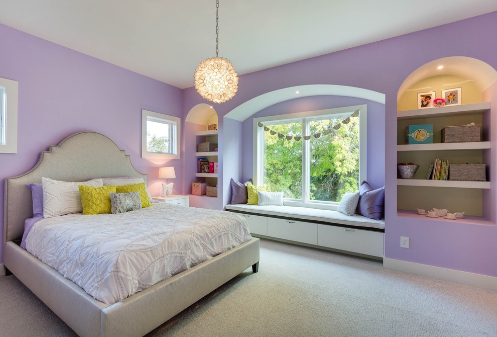 Large trendy girl carpeted kids' room photo in Minneapolis with purple walls