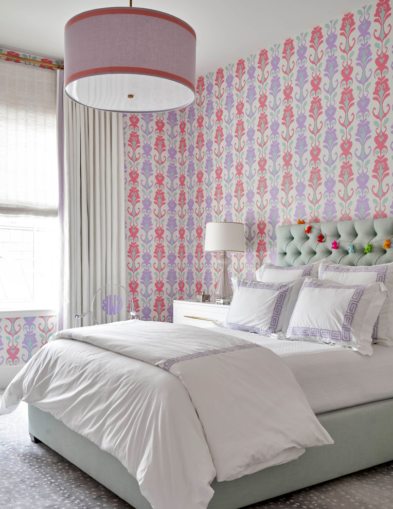 Пример оригинального дизайна: детская: освещение в стиле неоклассика (современная классика) с спальным местом и разноцветными стенами для подростка, девочки