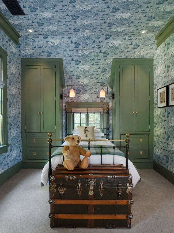 Inspiration for a victorian gender neutral children’s room in San Francisco with carpet and blue walls.