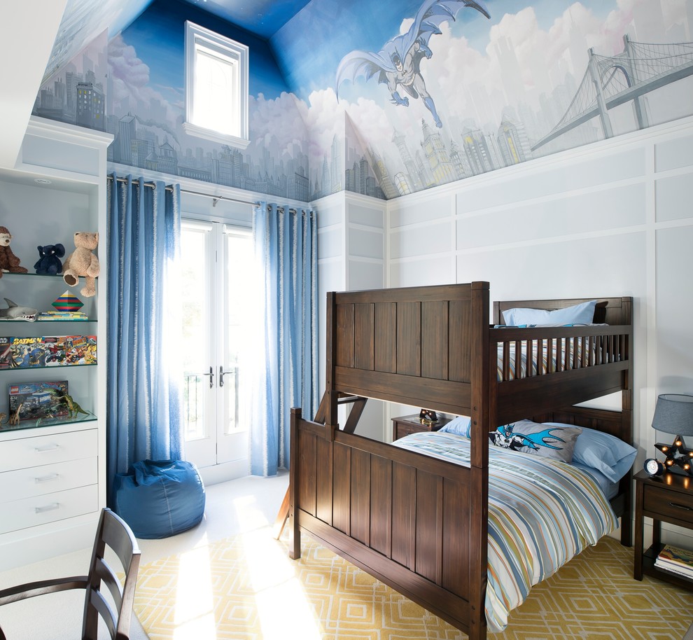 Идея дизайна: детская среднего размера в стиле неоклассика (современная классика) с спальным местом, ковровым покрытием и разноцветными стенами для ребенка от 4 до 10 лет, мальчика, двоих детей