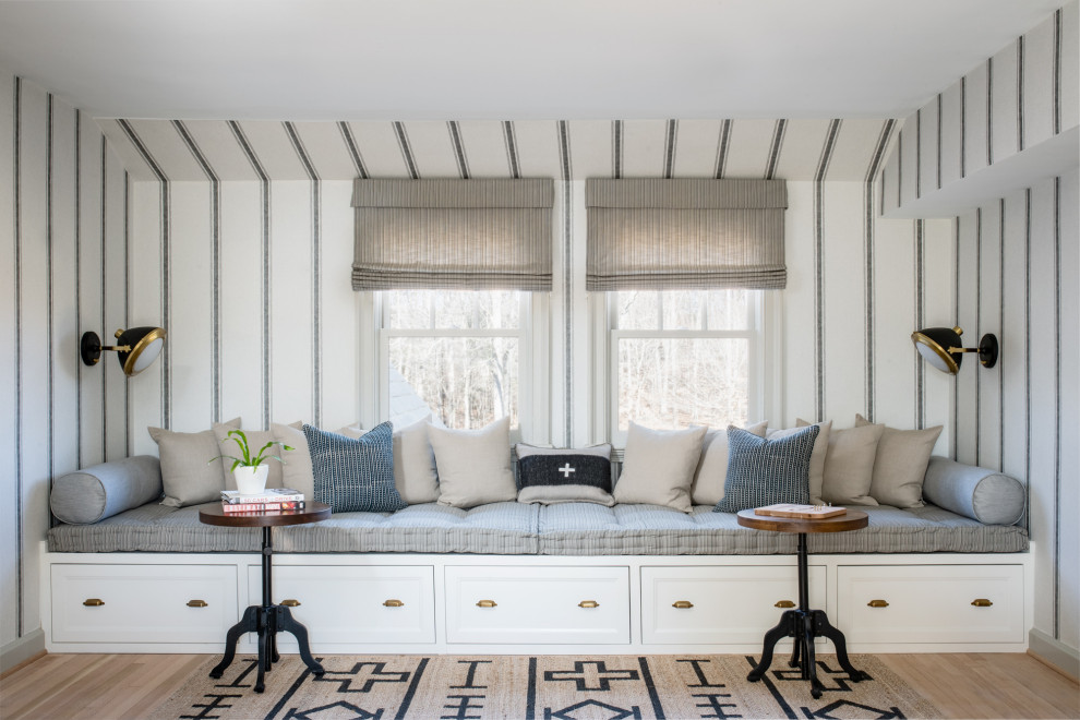 Inspiration for a mid-sized french country gender-neutral light wood floor, beige floor and wallpaper kids' bedroom remodel in Austin with gray walls