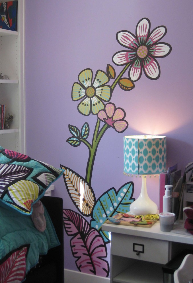 Example of a mid-sized trendy girl carpeted kids' room design in San Francisco with purple walls